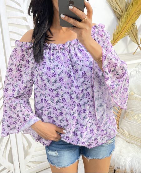 PE2082 LILA CUELLO ELÁSTICO CON HOMBROS TRANSPARENTES