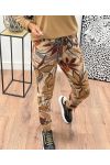 BEIGE LEAF PRINT SUEDE PANTS AH250109