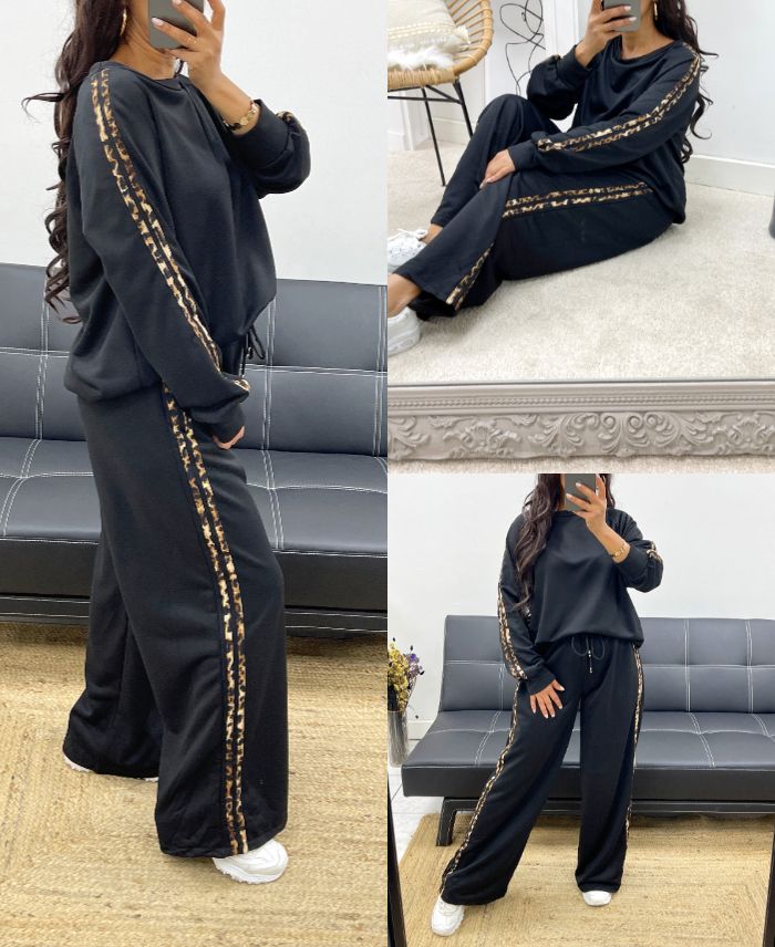 ENSEMBLE SWEAT PANTALON EVASE RAYURES LEOPARD AH250352 NOIR www.grossiste pret a porter