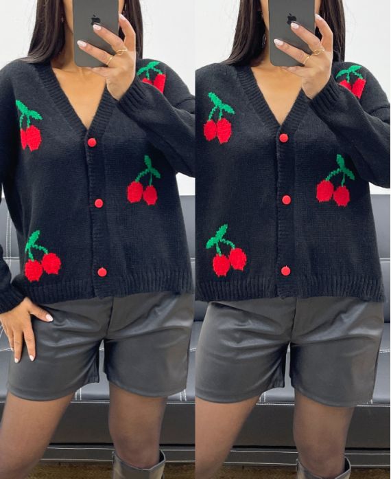 GILET COURT CHERRY A BOUTONS ROUGE AH250407 NOIR