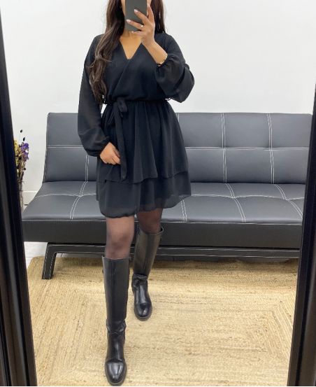 RÜSCHENKLEID MIT KRAWATTE SS290 SCHWARZ