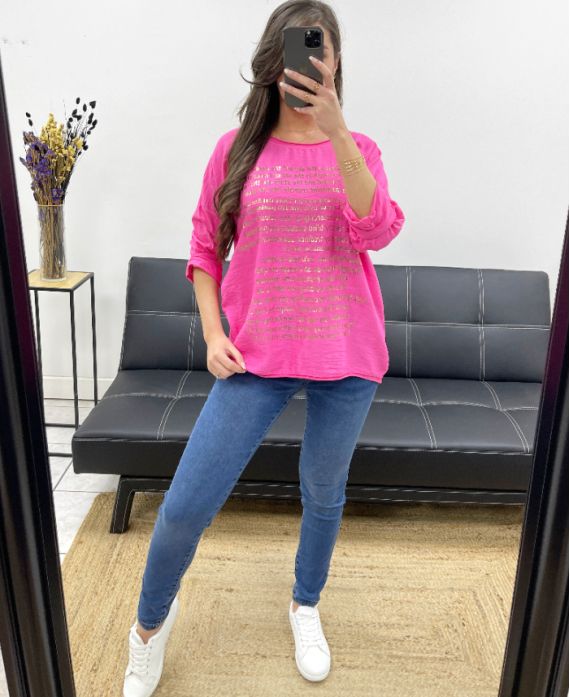 CAMISETA BIMATERIAL ECRITURES ORO PE0798 FUSHIA