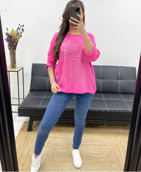 CAMISETA BIMATERIAL ECRITURES ORO PE0798 FUSHIA