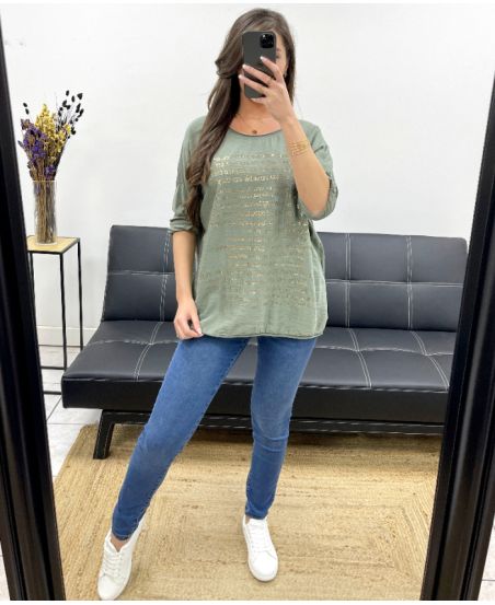 CAMISETA BIMATERIAL CON INSCRIPCIONES DORADAS PE0798 KAKI
