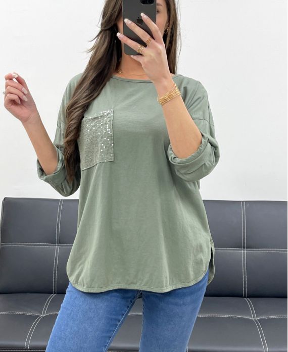 T-SHIRT IN COTONE CON TASCHINO GLITTERATO PE0810 KHAKI
