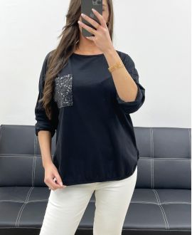 T-SHIRT IN COTONE CON TASCHINO GLITTERATO PE0810 NERA