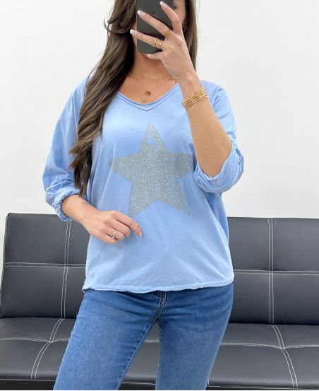 STRASSSTERN T-SHIRT AUS BAUMWOLLE PE0790 HIMMELBLAU