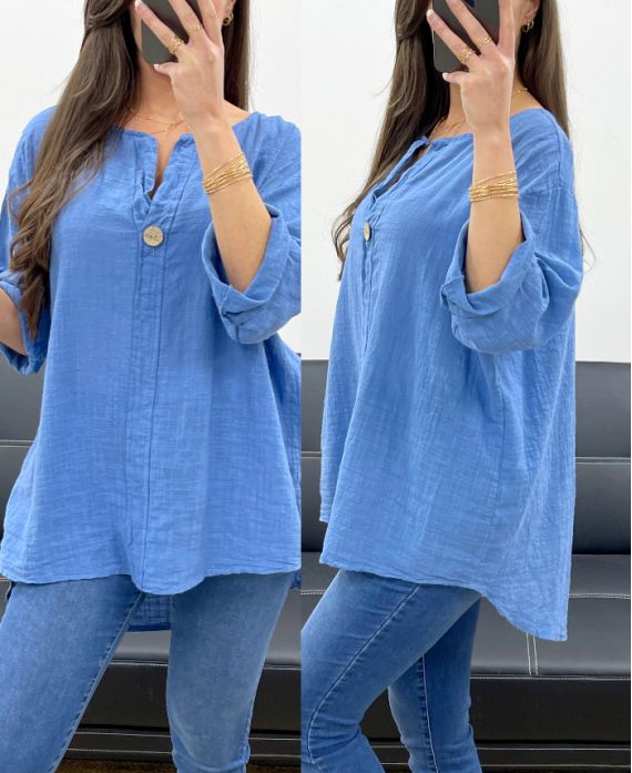 OVERSIZE-TUNIKA BAUMWOLL-GAZE-KNOPF PE0386 BLAU JEANS