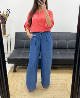 BLUSA DE GASA DE ALGODÓN CON BOLSILLO PE0457 CORAL