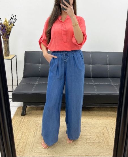BLUSA DE GASA DE ALGODÓN CON BOLSILLO PE0457 CORAL