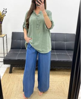 BLUSA DE GASA DE ALGODÓN CON BOLSILLO PE0457 KHAKI