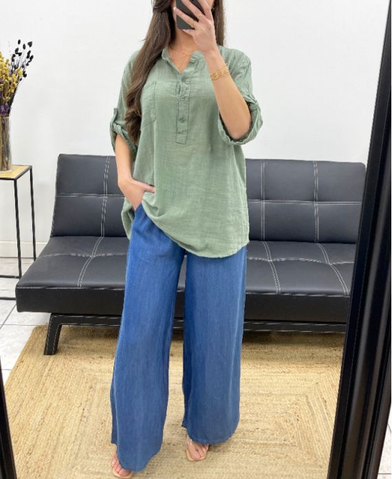 BLUSA DE GASA DE ALGODÓN CON BOLSILLO PE0457 KHAKI