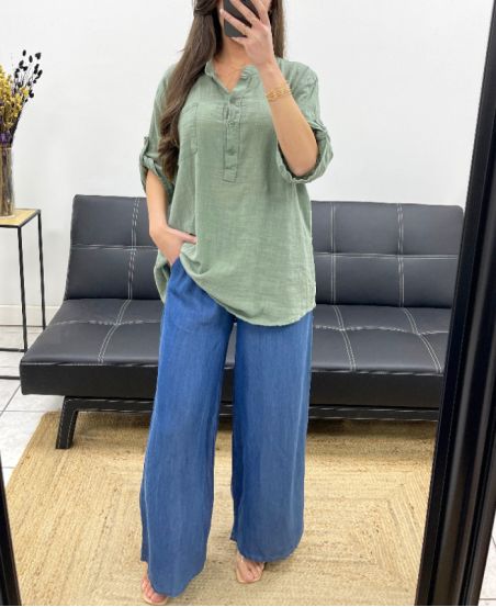 BLUSA DE GASA DE ALGODÓN CON BOLSILLO PE0457 KHAKI
