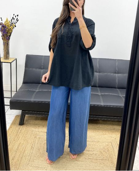 BLUSE AUS BAUMWOLLGAZE MIT TASCHE PE0457 SCHWARZ
