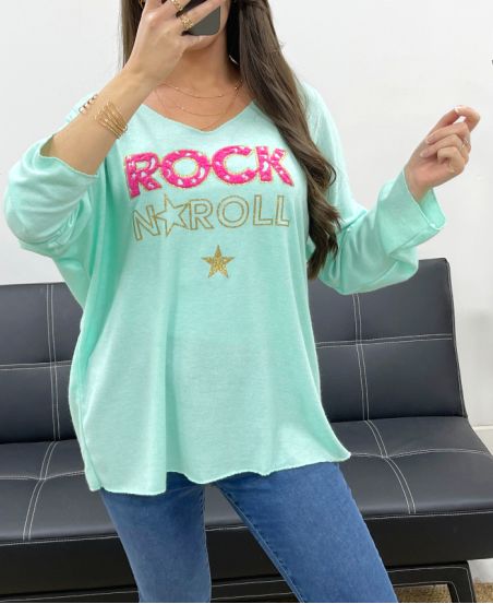 PULL AMPLE LEGER FLOCAGE ROCK N ROLL PE0206 VERT PASTEL
