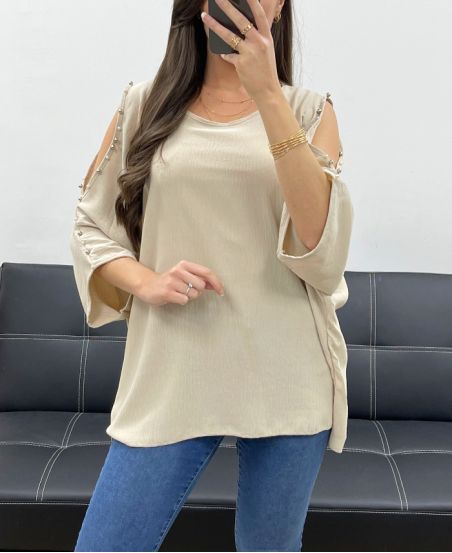 TOP OVERSIZE CON BORCHIE IN RILIEVO PE0249 BEIGE