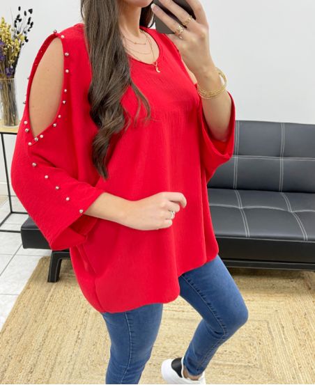 TOP OVERSIZE CON TACHUELAS CON CUENTAS PE0249 ROJO