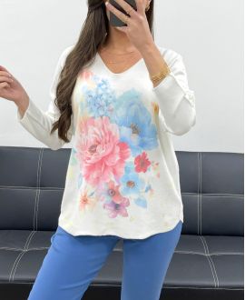 PULL DOUX SANS COUTURE IMPRIME PE0203 FLEURS BLEU