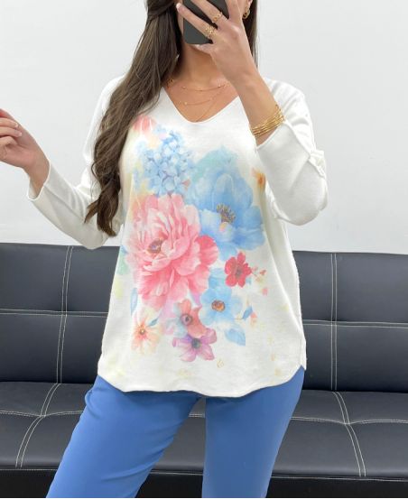 PULL DOUX SANS COUTURE IMPRIME PE0203 FLEURS BLEU