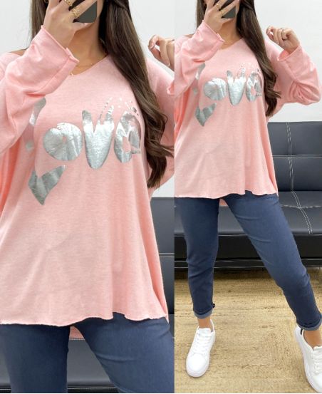 LOOSE LIGHTWEIGHT SWEATER FLOCKING LOVE PE0232 PINK