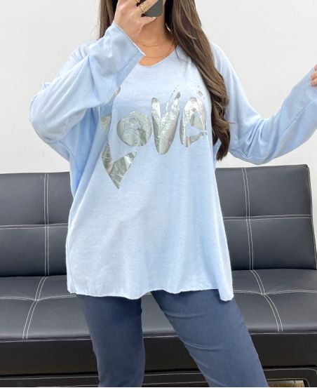 PULL AMPLE LEGER FLOCAGE LOVE PE0232 BLEU CIEL