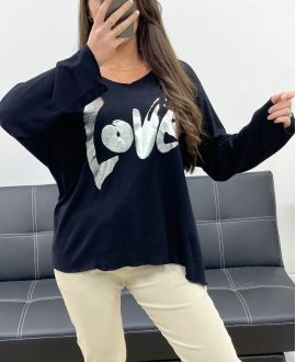 LOOSE LIGHTWEIGHT SWEATER FLOCKING LOVE PE0232 BLACK