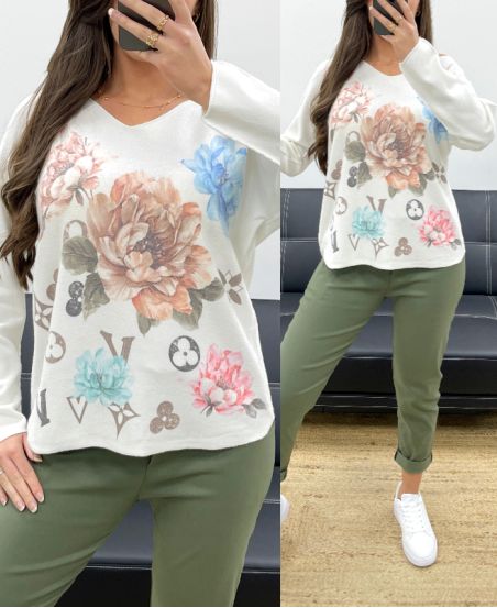 PULL DOUX SANS COUTURE IMPRIME PE0203 FLEURS MOKA