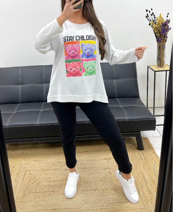 CAMISETA DE OSITO DE PELUCHE DE ALGODÓN SUELTO PE0198-2 BLANCO