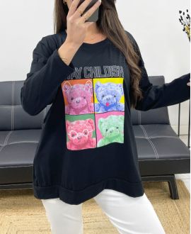 CAMISETA DE OSITO DE PELUCHE DE ALGODÓN SUELTA PE0198-2 NEGRO