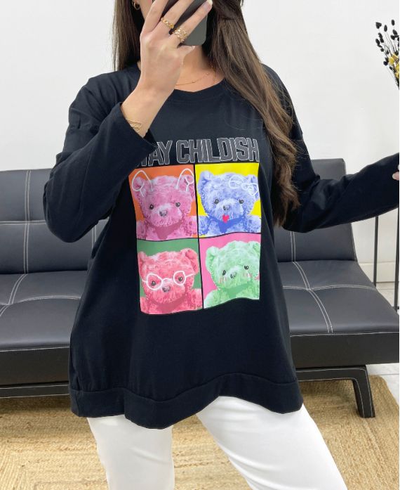 CAMISETA DE OSITO DE PELUCHE DE ALGODÓN SUELTA PE0198-2 NEGRO