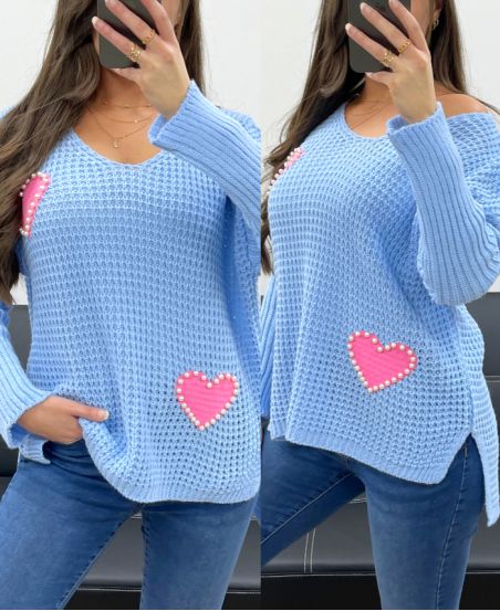 PULLOVER CLOUTE COEUR PE0147 BLEU CIEL