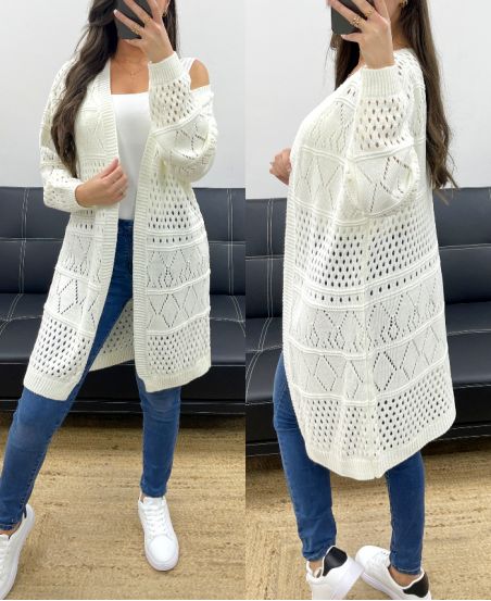 LANGE STRICKWESTE MIT DURCHBROCHENEM MUSTER PE0093 WEISS