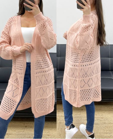 LANGE STRICKJACKE MIT DURCHBROCHENEM STRICK PE0093 ROSA