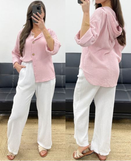PE0721 GILET CON CAPPUCCIO IN GARZA DI COTONE ROSA