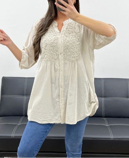 TUNICA IN COTONE CON RICAMO PE0371 BEIGE