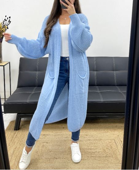 GILET LONG MAILLE 2 POCHES PE0032 BLEU CIEL