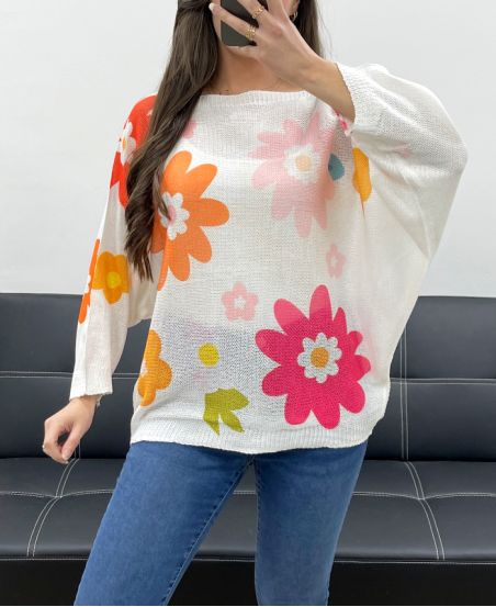 PULL IMPRIME FLEURS PE0023 ORANGE