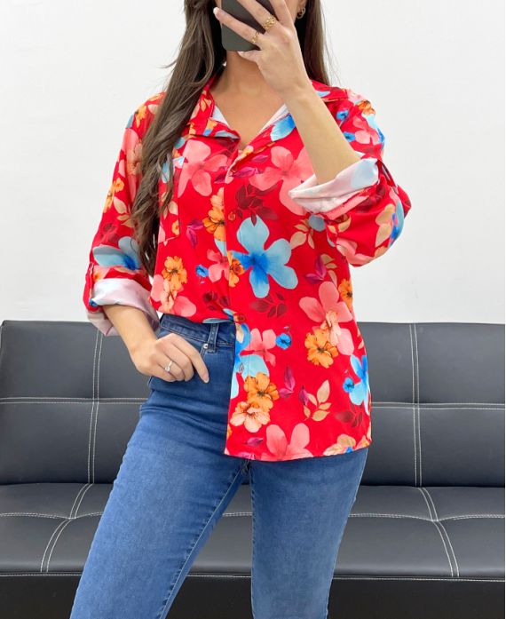 CAMISA CON BOLSILLO ESTAMPADO PE468 ROJO