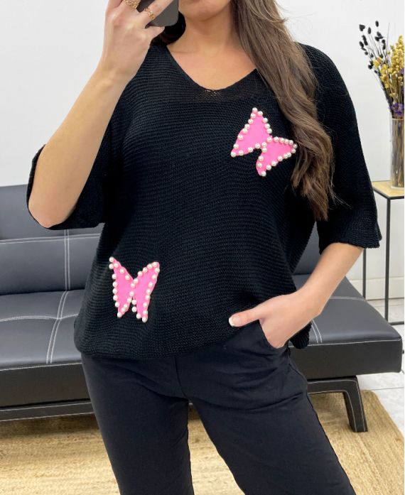FINE KNIT SWEATER STUDDED BUTTERFLY PE0096 BLACK