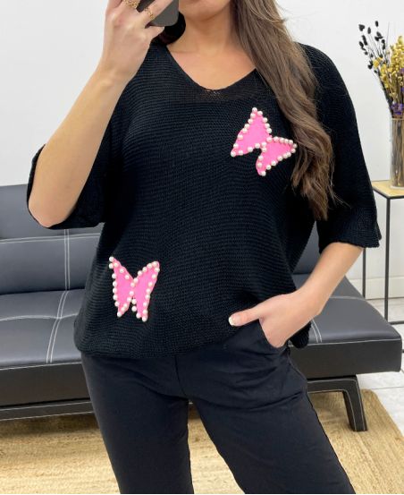 FINE KNIT SWEATER STUDDED BUTTERFLY PE0096 BLACK