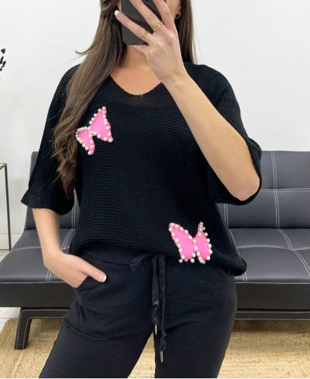 FINE KNIT SWEATER STUDDED BUTTERFLY PE0096 BLACK