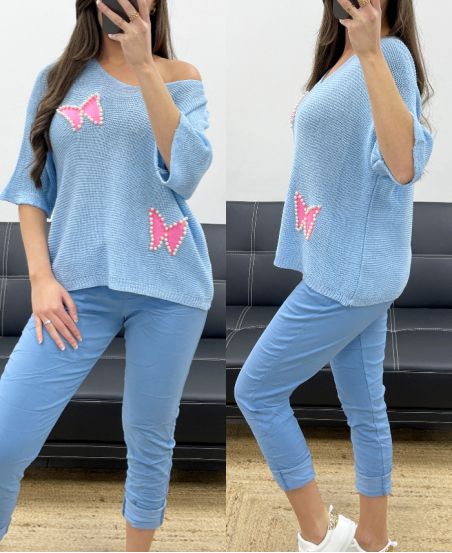 SWETER Z ĆWIEKAMI W KSZTAŁCIE MOTYLA Z CIENKIEJ DZIANINY PE0096 BŁĘKITNY