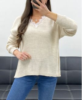 SWETER Z KORONKOWYM KOŁNIERZYKIEM PE0045 BEŻOWY