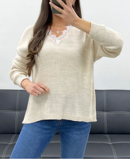 SWETER Z KORONKOWYM KOŁNIERZYKIEM PE0045 BEŻOWY