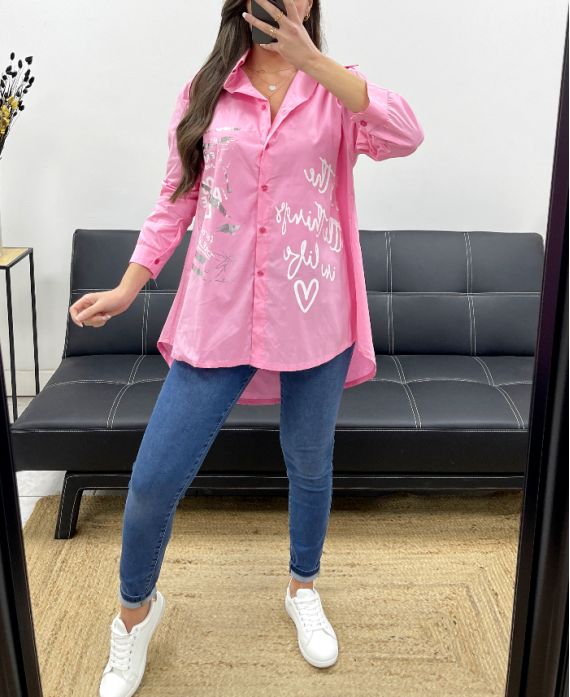 CAMICIA TAGLIE FORTI FLOCCAGGIO SCRITTE PE0129 ROSA