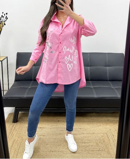 CAMICIA TAGLIE FORTI FLOCCAGGIO SCRITTE PE0129 ROSA