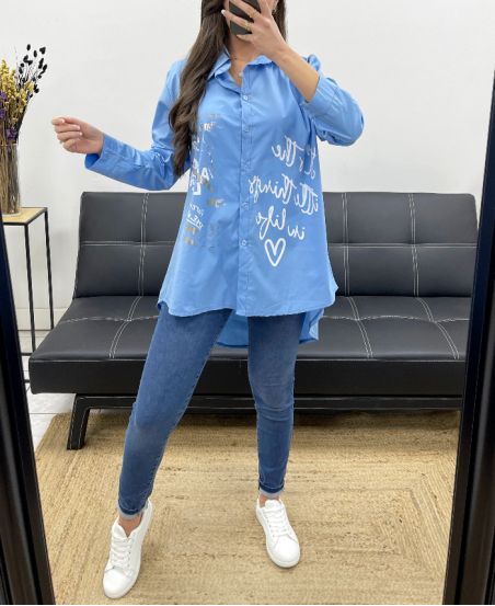 CAMICIA TAGLIE FORTI FLOCCATURA SCRITTA PE0129 AZZURRO CIELO