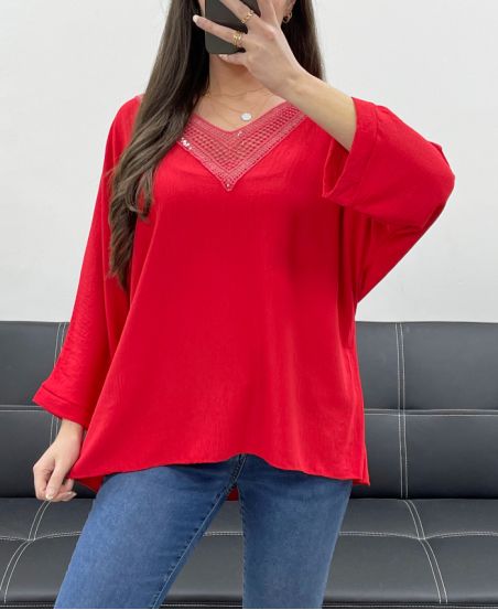 TOP OVERSIZE CON SCOLLO A V PAILLETTES PE0158 ROSSO