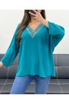 TOP OVERSIZE CON SCOLLO A V PAILLETTES PE0158 BLU PETROLIO