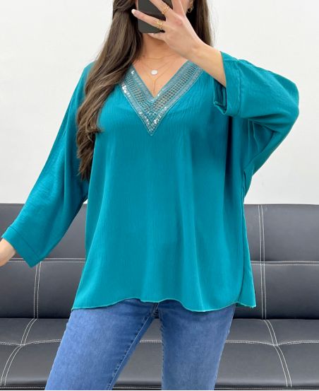 TOP OVERSIZE CON SCOLLO A V PAILLETTES PE0158 BLU PETROLIO